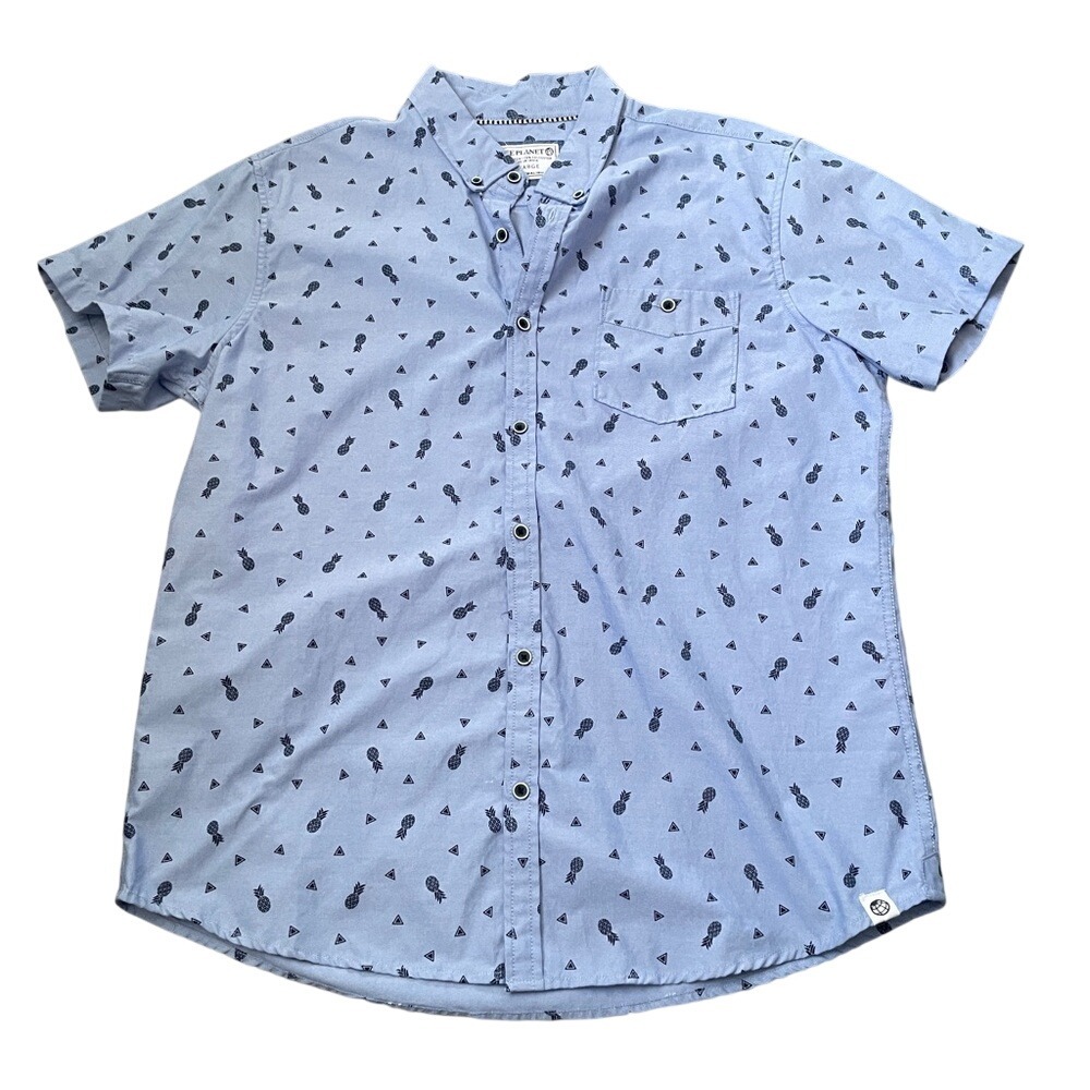 Free Planet‎ Men Blue Pineapple Print Short Sleeve Button Down Shirt XL